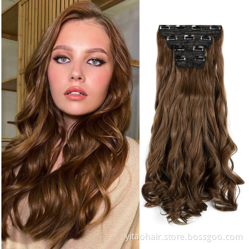 wholesale Long Wavy Synthetic Hair Extensions 2P 5P Thick Hair Invisible Head  Hairpiece for Women Brown wavy hair